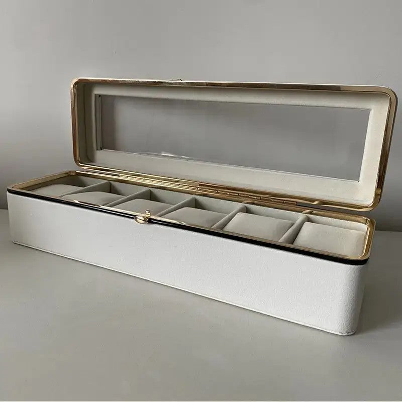 Luxury transparent-lid watch box with 6 fabric-lined compartments, portable and shockproof design, suitable for both men and women. Ideal for home, travel, or gifting—a refined storage solution for fine watches and jewelry. (White)