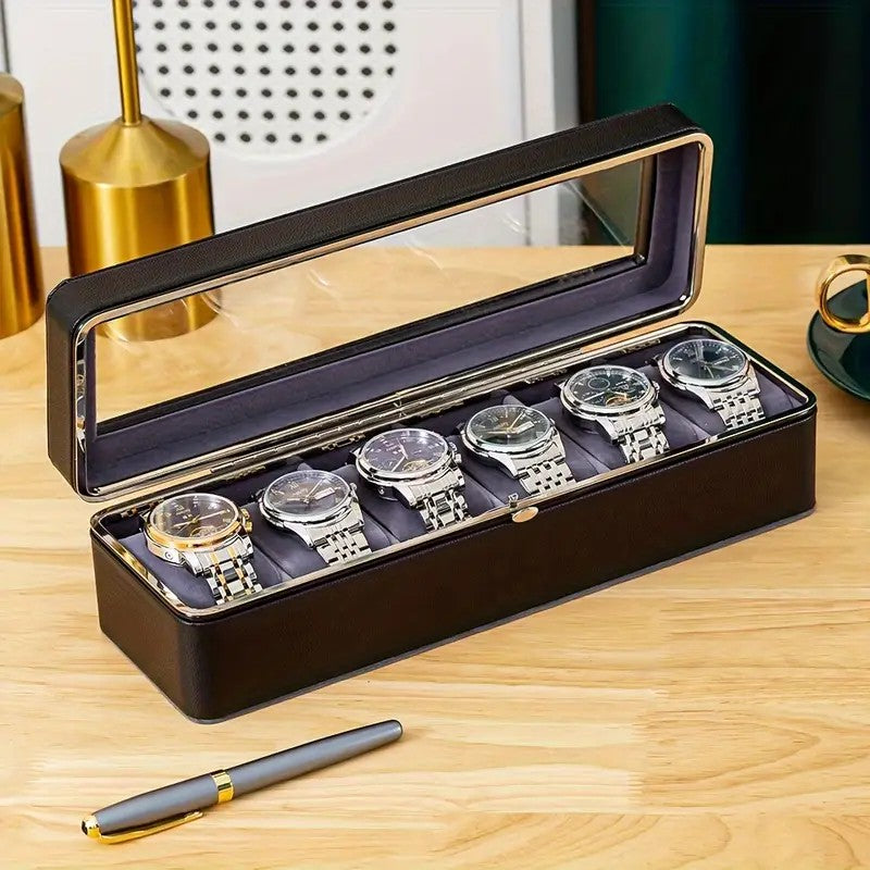 Luxury transparent-lid watch box with 6 fabric-lined compartments, portable and shockproof design, suitable for both men and women. Ideal for home, travel, or gifting—a refined storage solution for fine watches and jewelry. (Black)