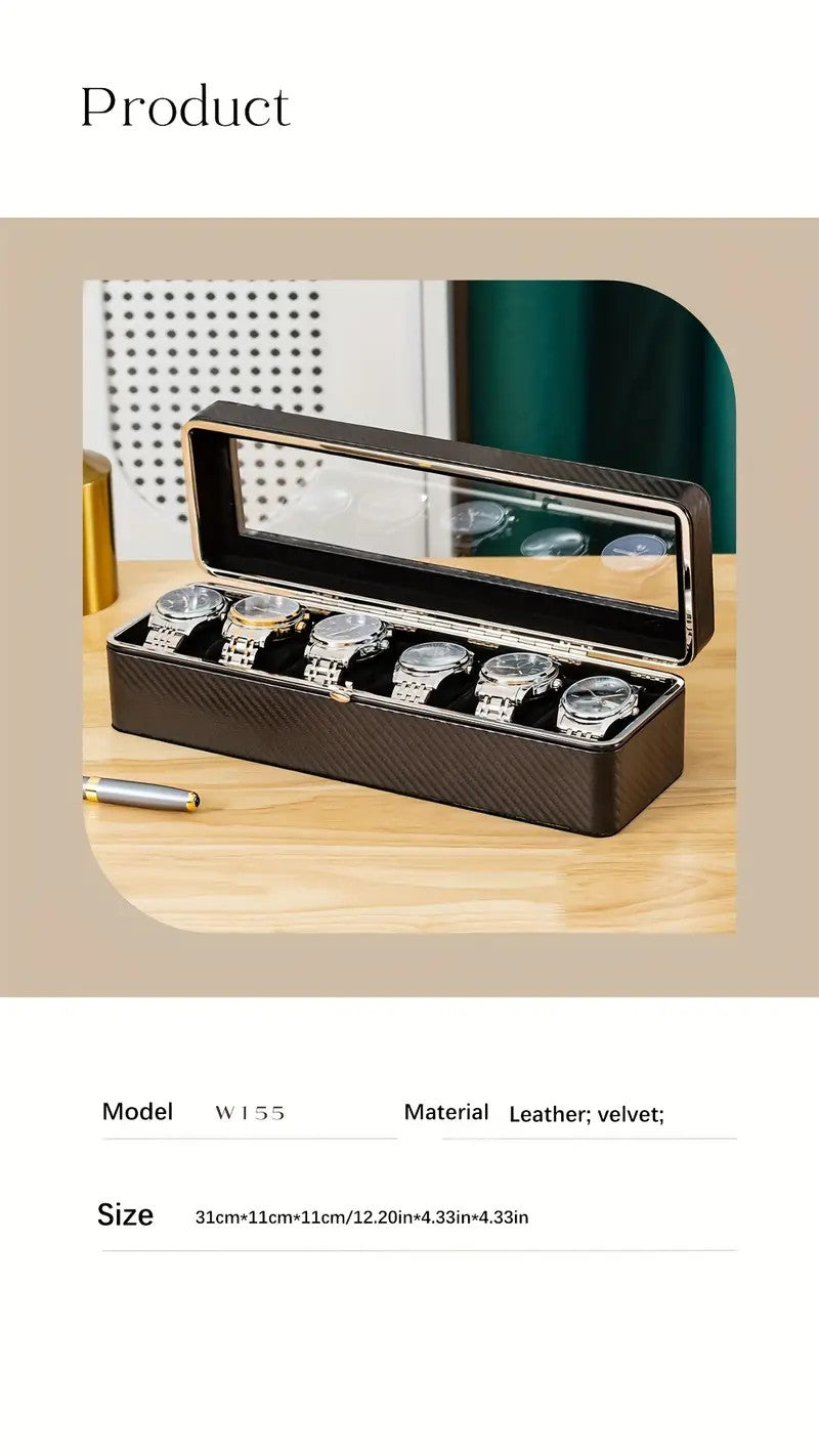 Luxury transparent-lid watch box with 6 fabric-lined compartments, portable and shockproof design, suitable for both men and women. Ideal for home, travel, or gifting—a refined storage solution for fine watches and jewelry. (Green)