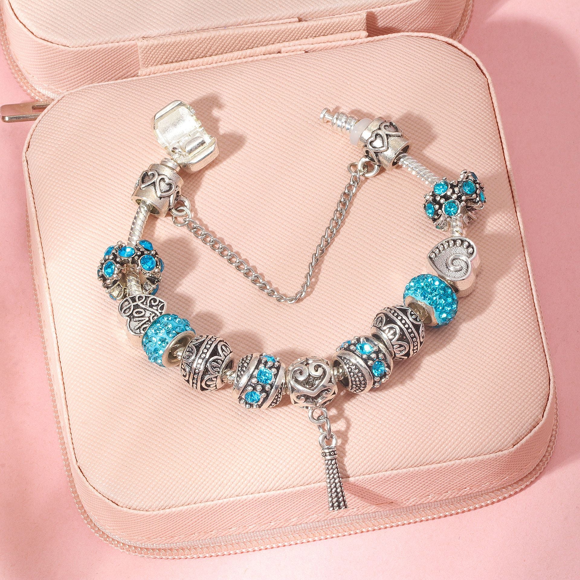 Women’s Vintage Silver-Plated Charm Bracelet - Crystal-Embedded Hollow Carved Multi-Bead Fashion Jewelry(blue-18cm)