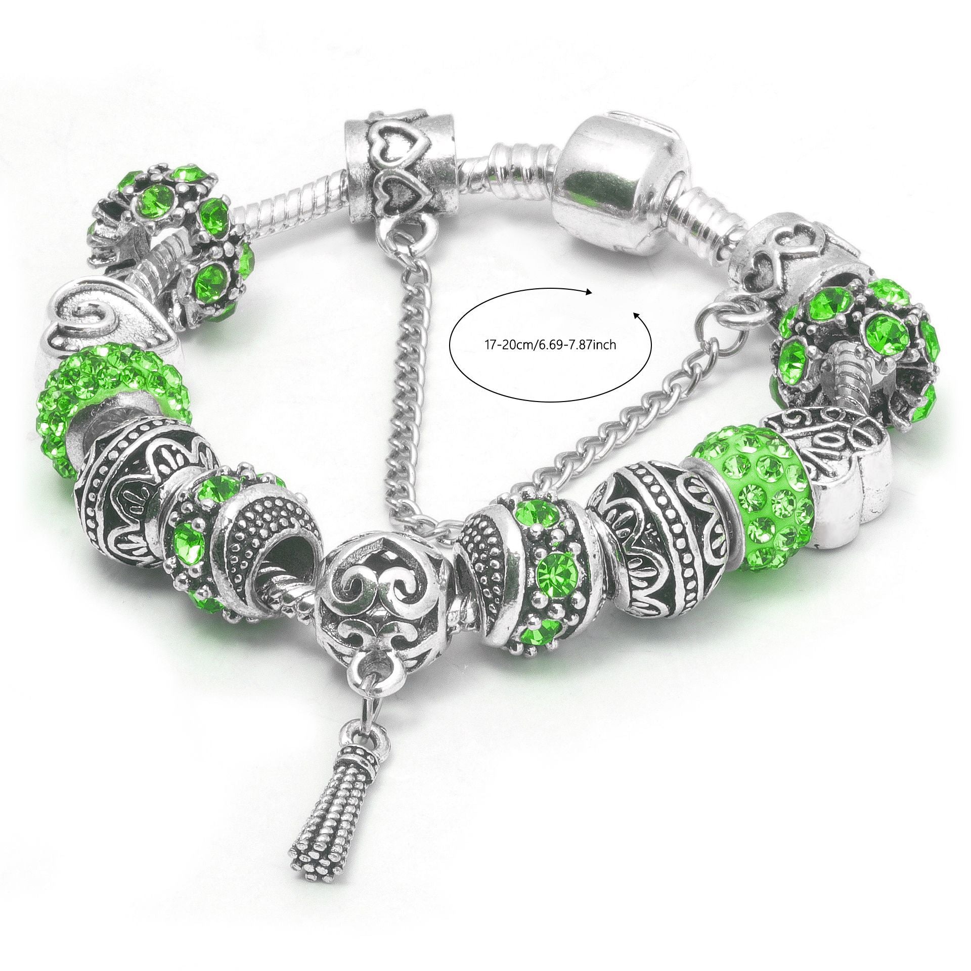 Women’s Vintage Silver-Plated Charm Bracelet - Crystal-Embedded Hollow Carved Multi-Bead Fashion Jewelry(green-19cm)