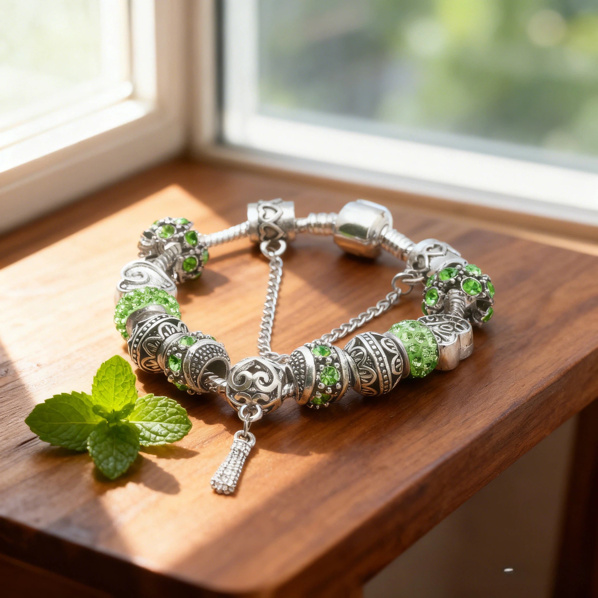 Women’s Vintage Silver-Plated Charm Bracelet - Crystal-Embedded Hollow Carved Multi-Bead Fashion Jewelry(green-19cm)