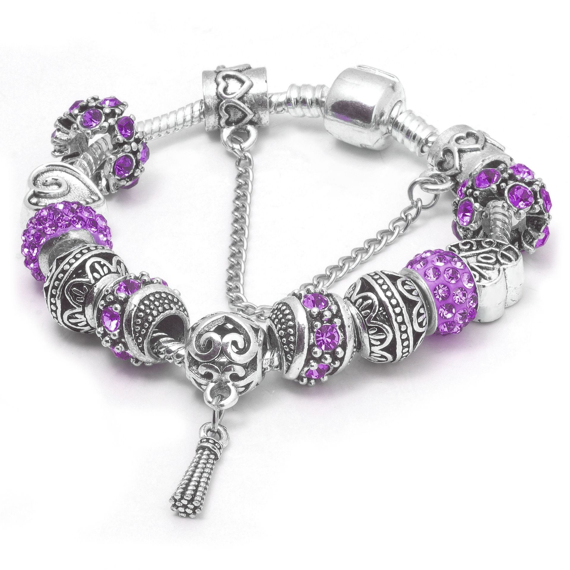 Women’s Vintage Silver-Plated Charm Bracelet - Crystal-Embedded Hollow Carved Multi-Bead Fashion Jewelry(purple-19cm)