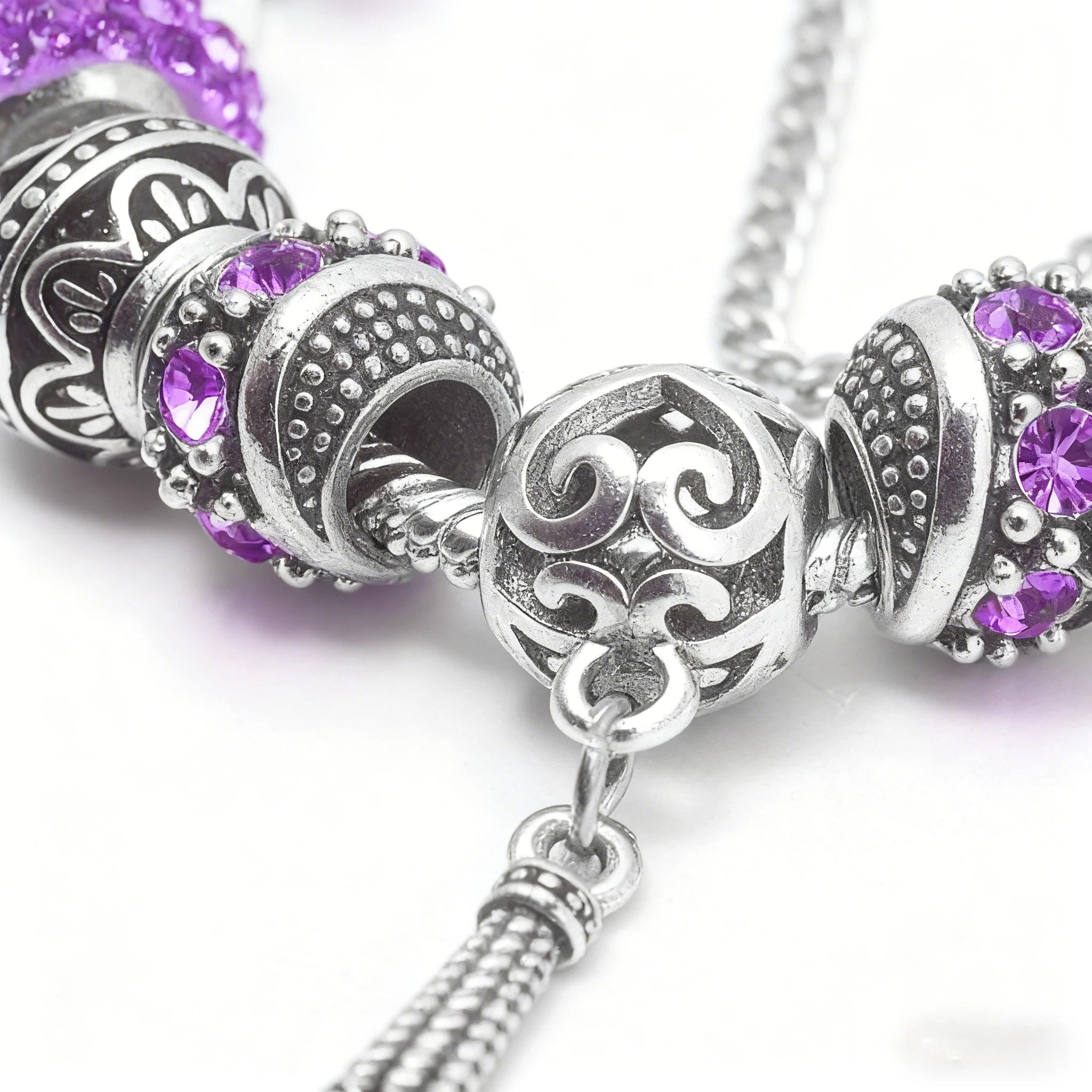 Women’s Vintage Silver-Plated Charm Bracelet - Crystal-Embedded Hollow Carved Multi-Bead Fashion Jewelry(purple-20cm)