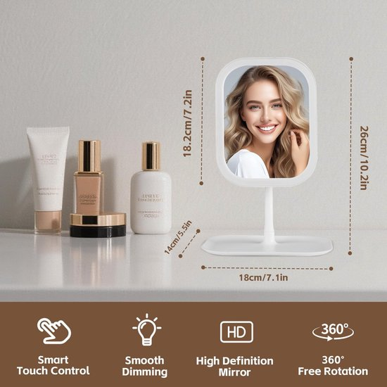 Makeup Mirror with Lighting – 3 Light Colors – Dimmable – Mirror with Lights – Smart Touch – USB Charging Port