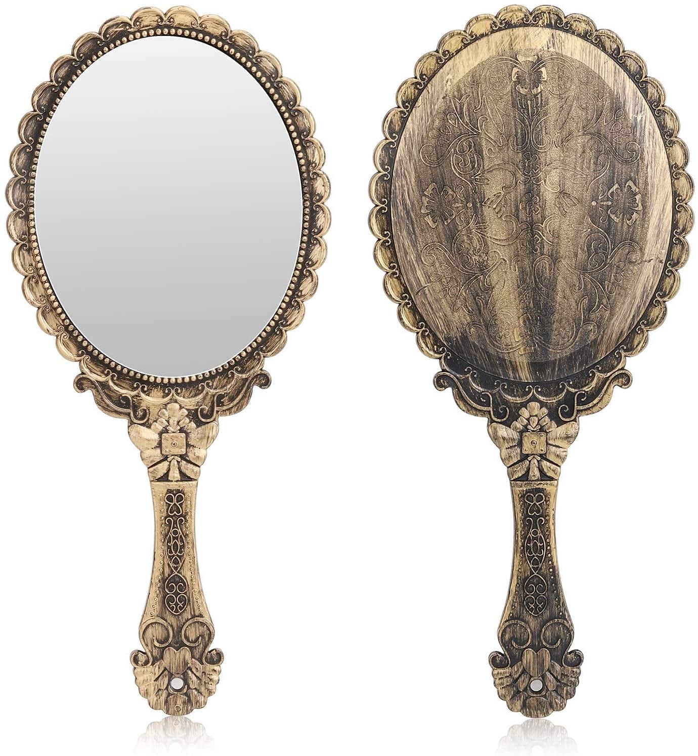 Vintage Handheld Mirror, Small Hand Held Decorative Mirrors for Face Makeup Embossed Flower Portable Antique Travel Personal Cosmetic Mirror Brass Gold