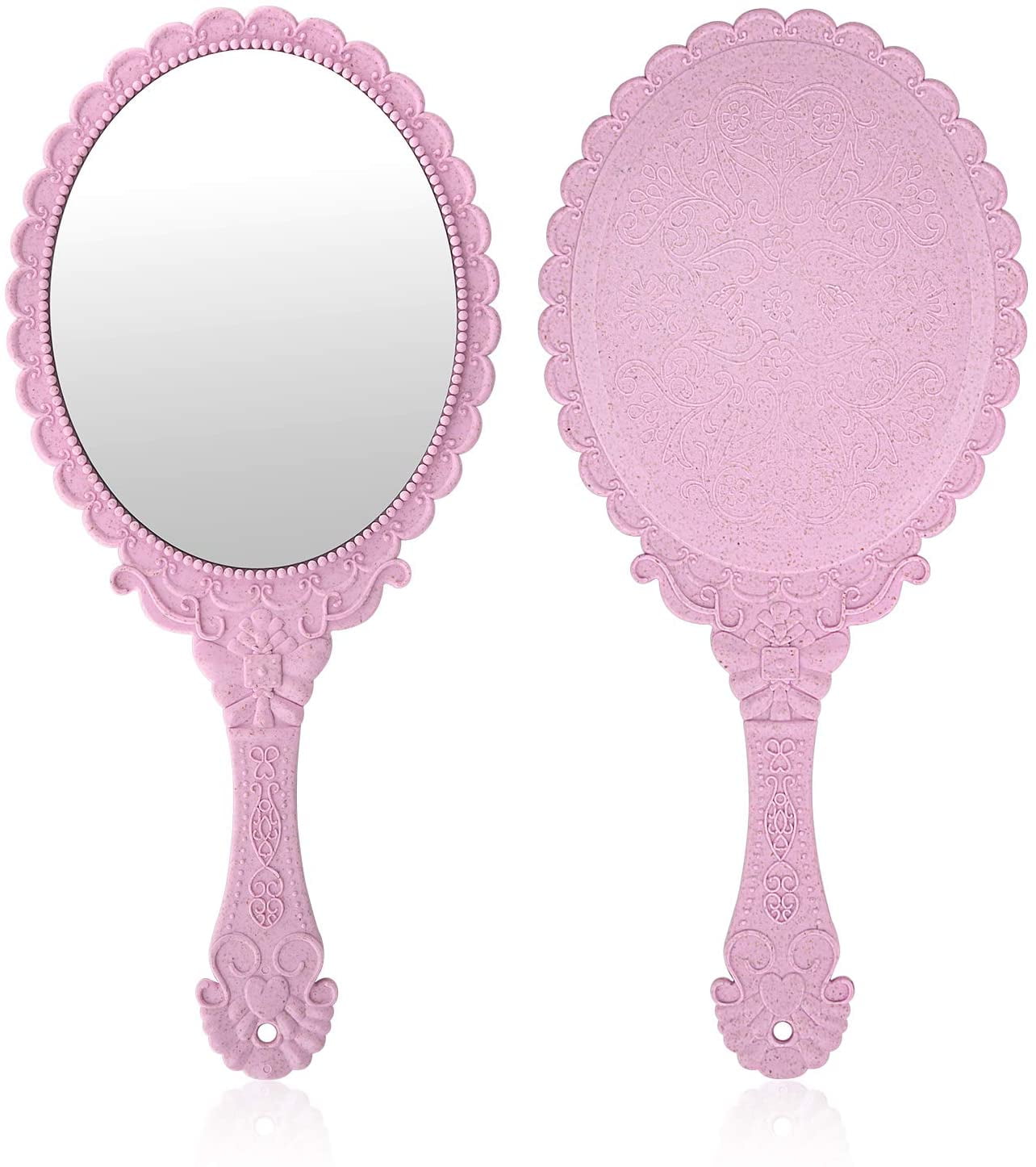 Vintage Handheld Mirror, Small Hand Held Decorative Mirrors for Face Makeup Embossed Flower Portable Antique Travel Personal Cosmetic Mirror Pink