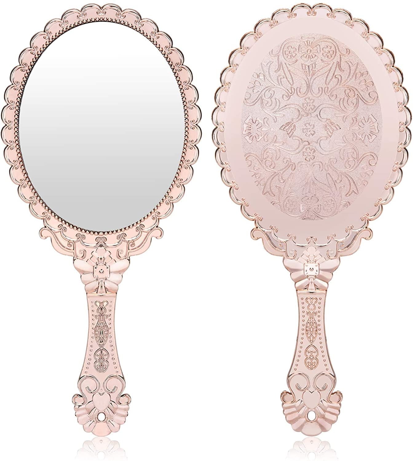 Vintage Handheld Mirror, Small Hand Held Decorative Mirrors for Face Makeup Embossed Flower Portable Antique Travel Personal Cosmetic Mirror Rose Gold