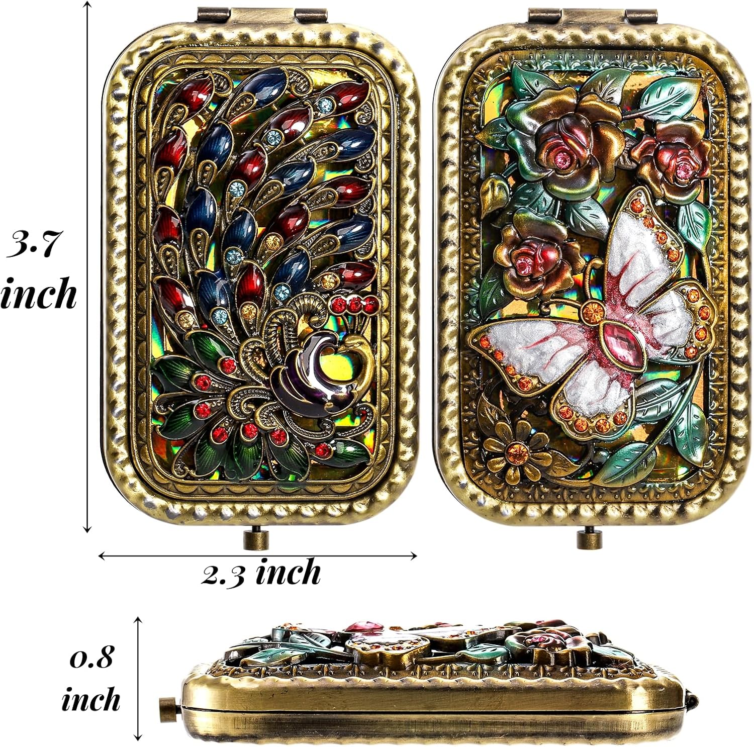 2 Pcs Vintage Foldable Makeup Mirror, Portable Cosmetic Pocket Double Sided Butterfly Peacock Vanity Metal Compact Small Folding Travel Mirror for Woman Girls