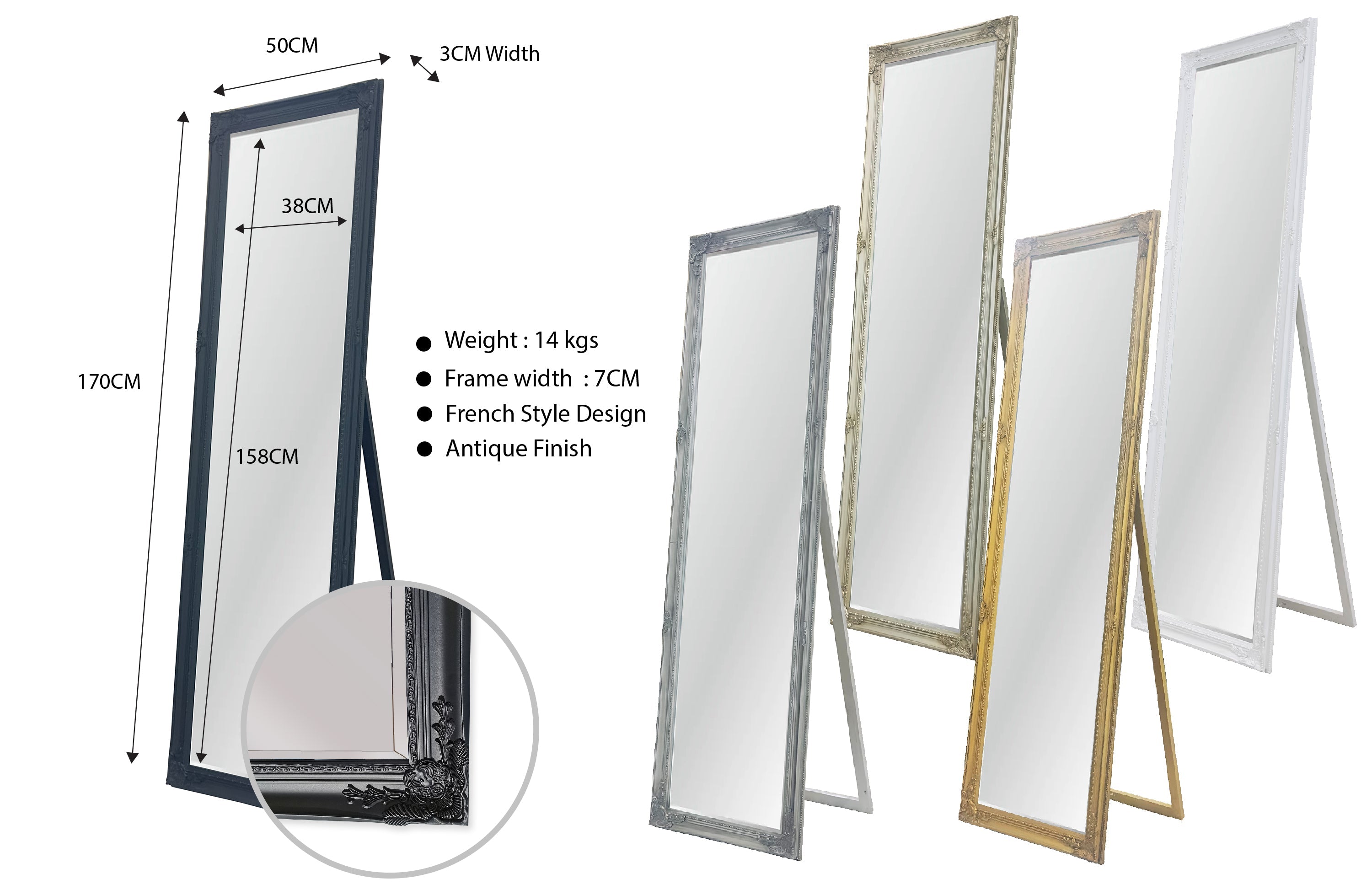 French Provincial Ornate Mirror - Gold - Free Standing 50cm x 170cm