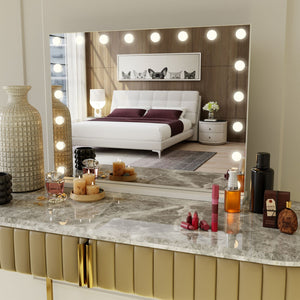 Beauty Mirror with 18 LED Bulbs, Colour Settings, White Frame, and USB A and C Ports - Glam Warehouse