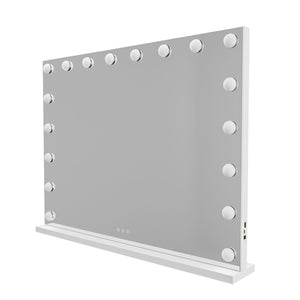 Beauty Mirror with 18 LED Bulbs, Colour Settings, White Frame, and USB A and C Ports - Glam Warehouse