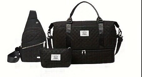 Black Chic 3-Piece Quilted Travel Bag Set - Duffel, Crossbody Sling & Toiletry Pouch - Large Capacity & Lightweight - Glam Warehouse