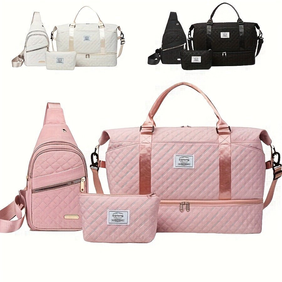 Black Chic 3-Piece Quilted Travel Bag Set - Duffel, Crossbody Sling & Toiletry Pouch - Large Capacity & Lightweight - Glam Warehouse