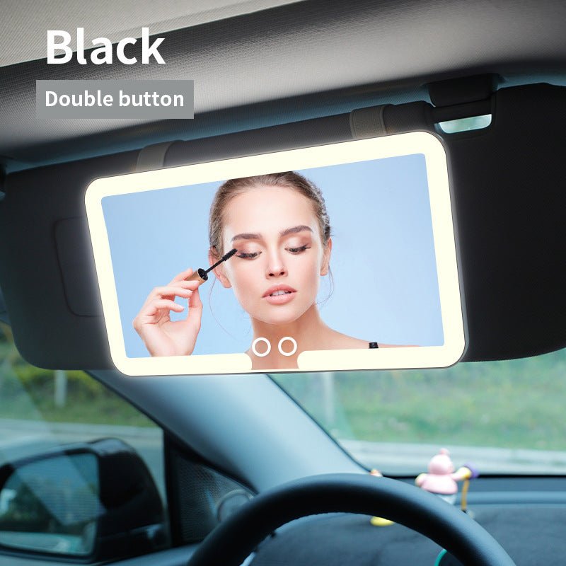 Black double button Car Sun Visor Makeup Mirror with LED Light - Tri-Color, Touch Control - Glam Warehouse