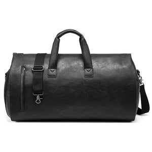 Black PU Leather Travel Duffel Bag - Large Capacity Waterproof Suit Bag with Shoe Compartment - Glam Warehouse