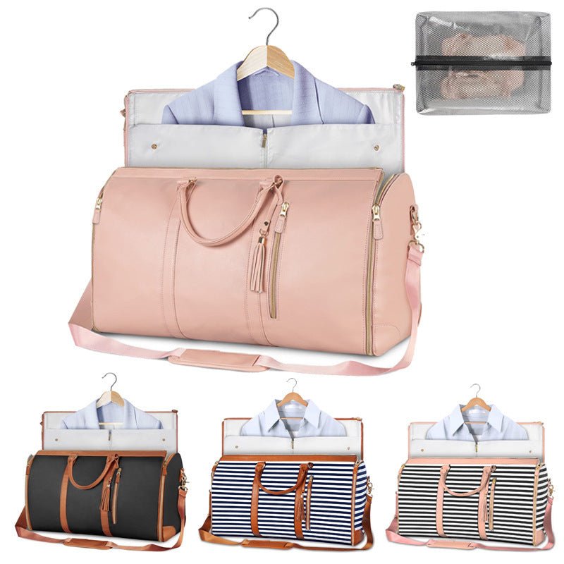 Black Stripe Convertible Garment Duffel Bag with Leather Accents - Travel Weekender Bag for Suits and Dresses - Glam Warehouse