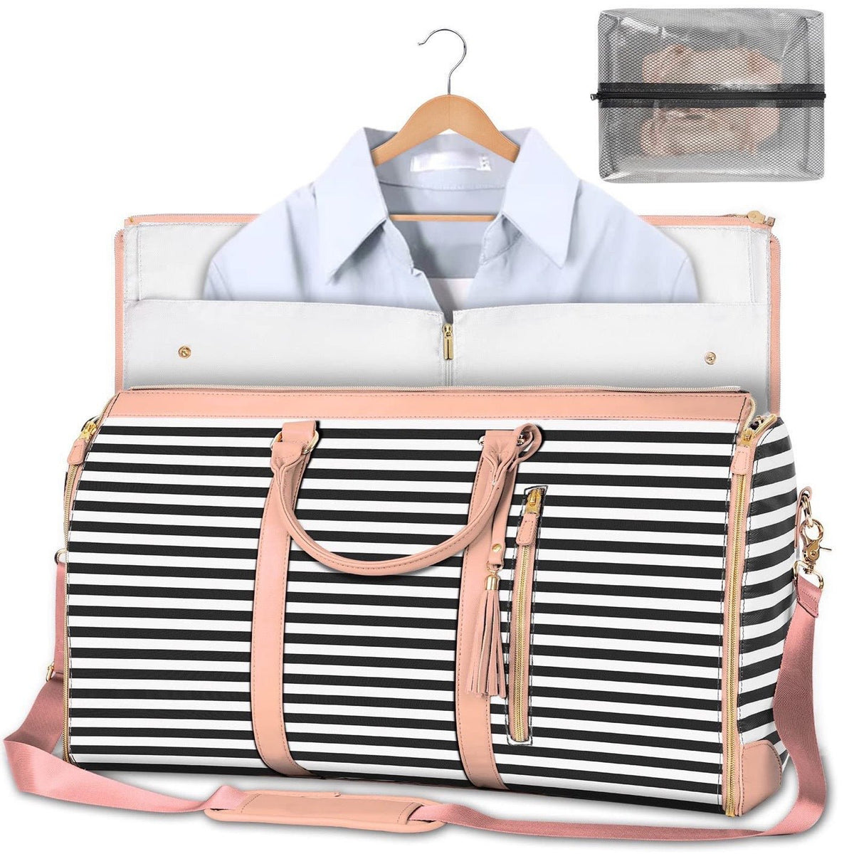 Black Stripe Convertible Garment Duffel Bag with Leather Accents - Travel Weekender Bag for Suits and Dresses - Glam Warehouse