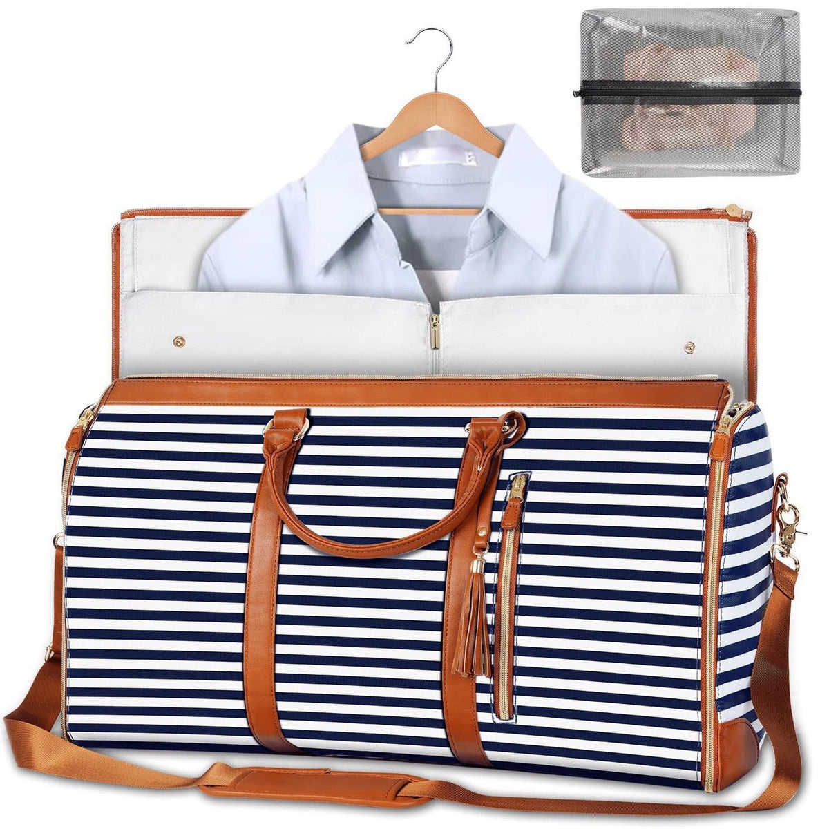 Blue Stripe Convertible Garment Duffel Bag with Leather Accents - Travel Weekender Bag for Suits and Dresses - Glam Warehouse