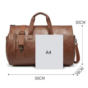 Brown PU Leather Travel Duffel Bag - Large Capacity Waterproof Suit Bag with Shoe Compartment - Glam Warehouse