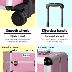 Embellir Makeup Case Beauty Trolley Cosmetic Organiser Box Travel Wheels Pink - Glam Warehouse