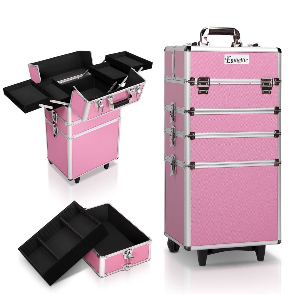 Embellir Makeup Case Beauty Trolley Cosmetic Organiser Box Travel Wheels Pink - Glam Warehouse