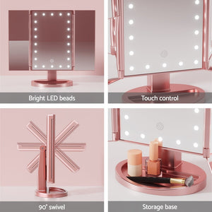 Embellir Tri-fold Makeup Mirror 1X2X3X Magnifying with LED Light Travel Portable Pink - Glam Warehouse