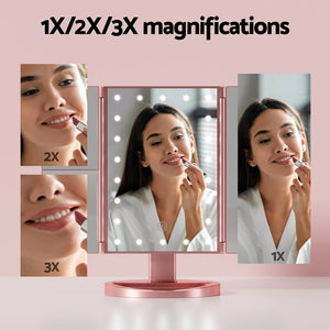 Embellir Tri-fold Makeup Mirror 1X2X3X Magnifying with LED Light Travel Portable Pink - Glam Warehouse