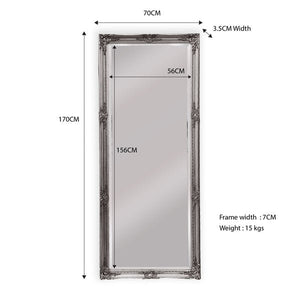 French Provincial Ornate Mirror - Antique Silver - Medium 70cm x 170cm - Glam Warehouse