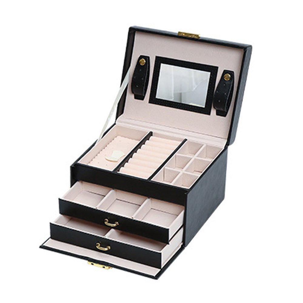 Jewellery Box With Mirror Double Drawers Organizer Storage Lock Case(Black) - Glam Warehouse