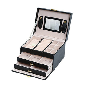 Jewellery Box With Mirror Double Drawers Organizer Storage Lock Case(Black) - Glam Warehouse