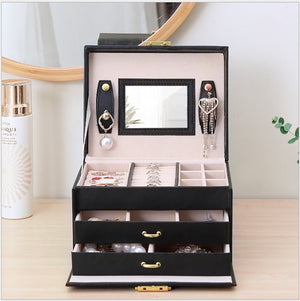 Jewellery Box With Mirror Double Drawers Organizer Storage Lock Case(Black) - Glam Warehouse