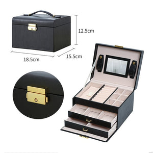 Jewellery Box With Mirror Double Drawers Organizer Storage Lock Case(Black) - Glam Warehouse