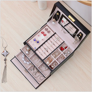 Jewellery Box With Mirror Double Drawers Organizer Storage Lock Case(Black) - Glam Warehouse