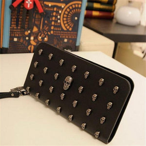 Leather Wristlet Handbag with Metal Skull Design - Glam Warehouse
