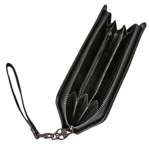 Leather Wristlet Handbag with Metal Skull Design - Glam Warehouse