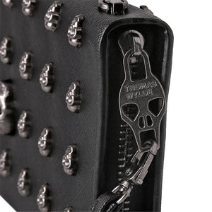 Leather Wristlet Handbag with Metal Skull Design - Glam Warehouse