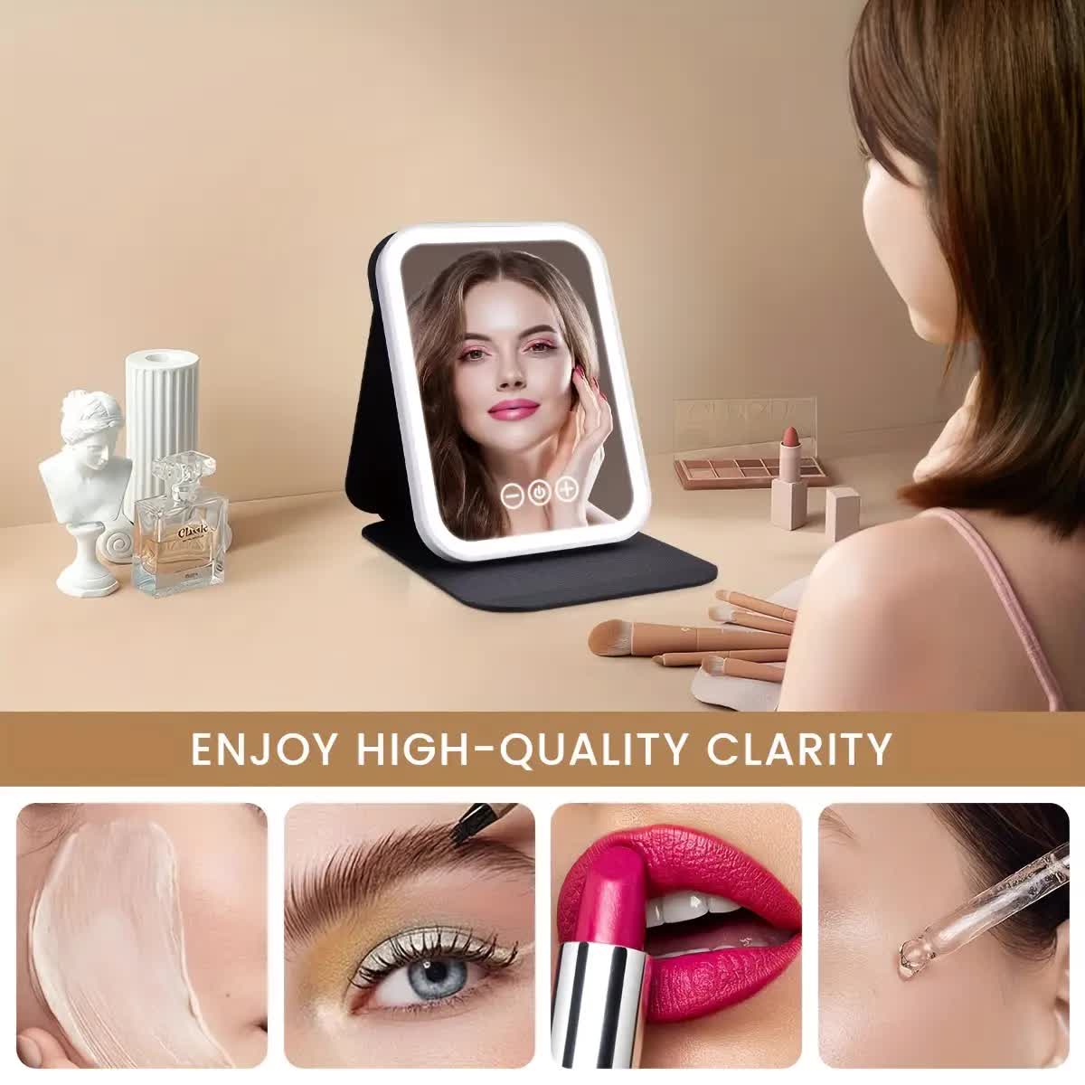 LED folding makeup mirror with light, portable travel beauty mirror with light, three-color adjustable light, touch screen, rechargeable - Glam Warehouse