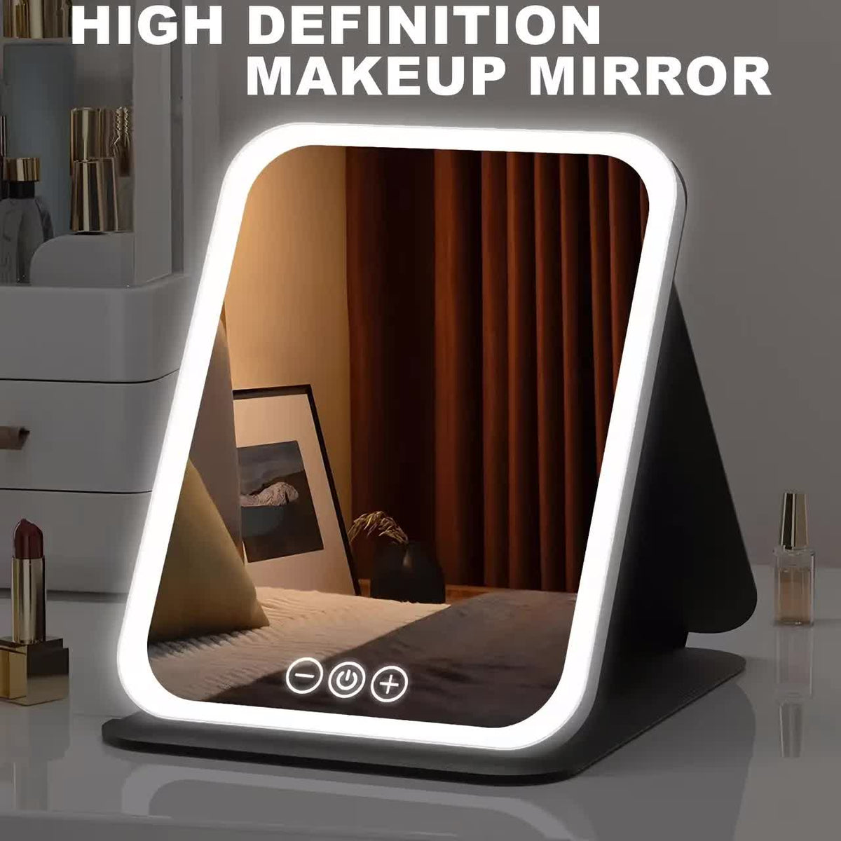 LED folding makeup mirror with light, portable travel beauty mirror with light, three-color adjustable light, touch screen, rechargeable - Glam Warehouse
