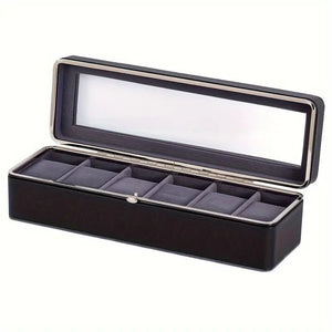 Luxury transparent-lid watch box with 6 fabric-lined compartments, portable and shockproof design, suitable for both men and women. Ideal for home, travel, or gifting—a refined storage solution for fine watches and jewelry. (brown) - Glam Warehouse