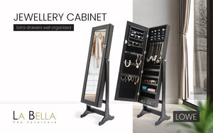 Mirror Jewellery Cabinet Organiser 2 Drawers LOWE 146cm BLACK - Glam Warehouse