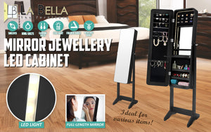 Mirror Jewellery Cabinet Organiser LED 146cm BLACK - Glam Warehouse
