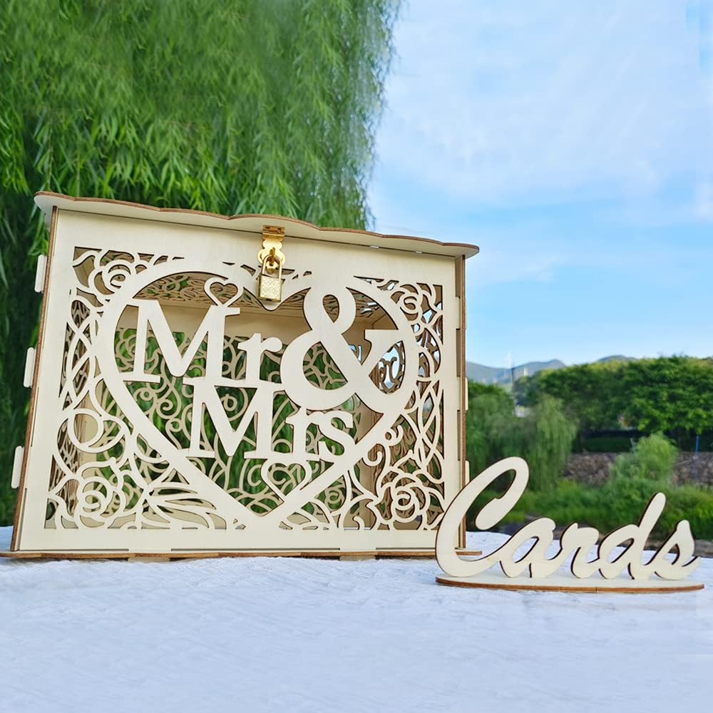 Petluno Latest design letterbox wedding gift vouchers box vintage large DIY wooden cards box money box with lock for birthday babyshower anniversary (Mr & Mrs, yellow) yellow - Glam Warehouse