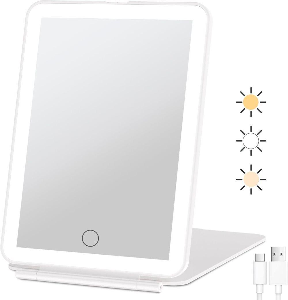 Rechargeable Makeup Mirror with 3 Color Modes, Dimmable Touch Screen LED Lighted Mirror - Glam Warehouse