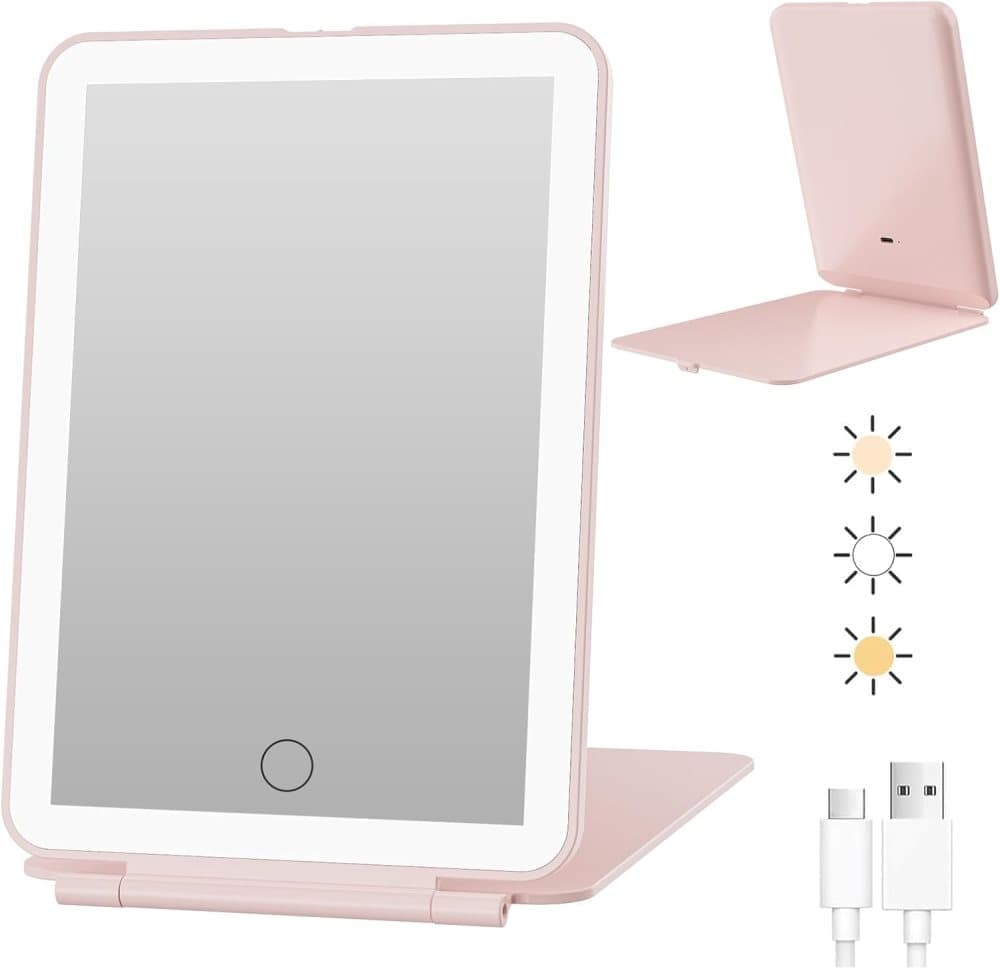 Rechargeable Portable Foldable Makeup Mirror with 3 Color Modes Adjustable Lighting - Glam Warehouse