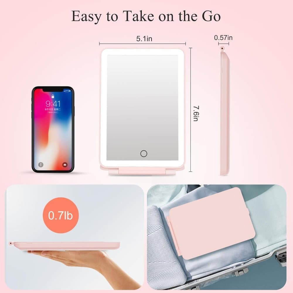 Rechargeable Portable Foldable Makeup Mirror with 3 Color Modes Adjustable Lighting - Glam Warehouse