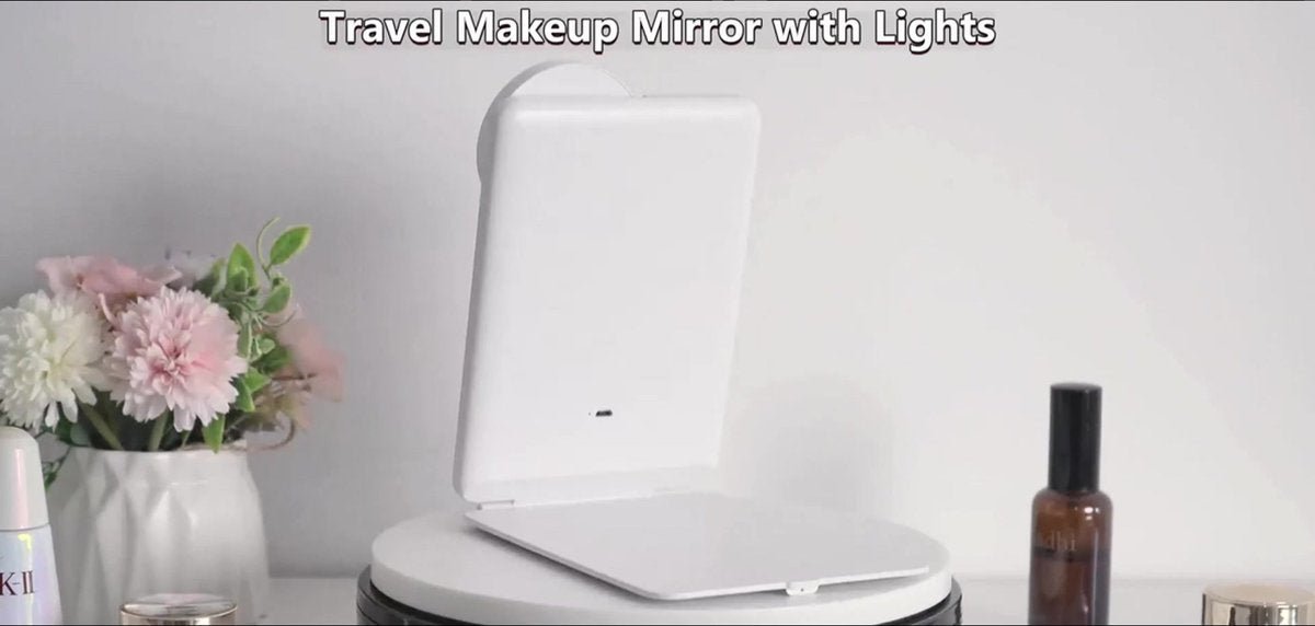 Rechargeable travel makeup mirror with lighting - 10x magnification - portable illuminated makeup mirror - 80 LEDs - 2000 mAh battery - 3-color lighting - touch dimming - tabletop - Glam Warehouse