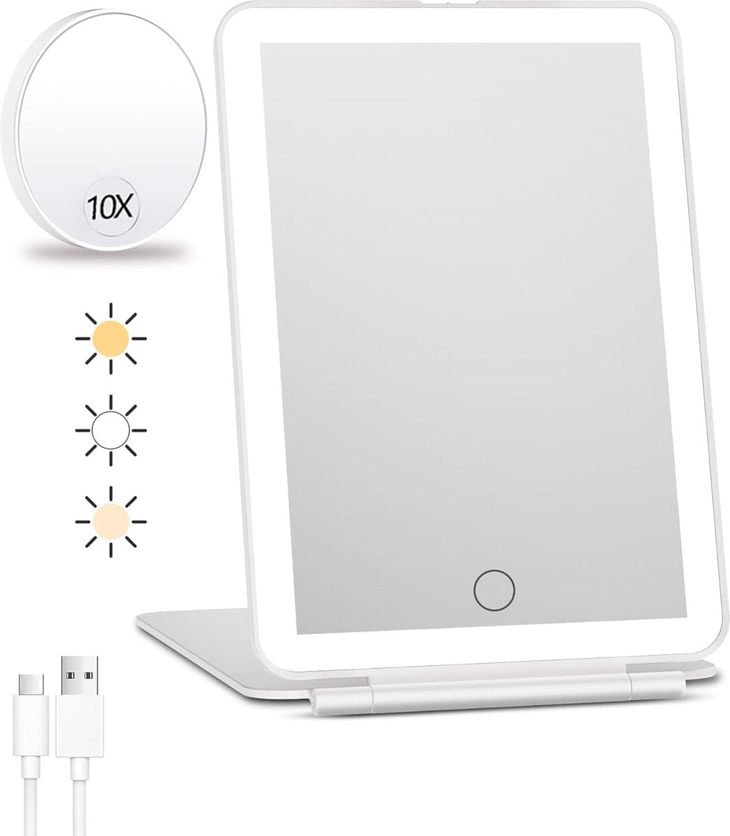 Rechargeable travel makeup mirror with lighting - 10x magnification - portable illuminated makeup mirror - 80 LEDs - 2000 mAh battery - 3-color lighting - touch dimming - tabletop - Glam Warehouse