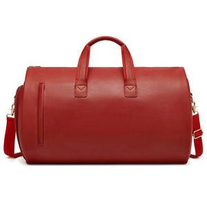 Red PU Leather Travel Duffel Bag - Large Capacity Waterproof Suit Bag with Shoe Compartment - Glam Warehouse