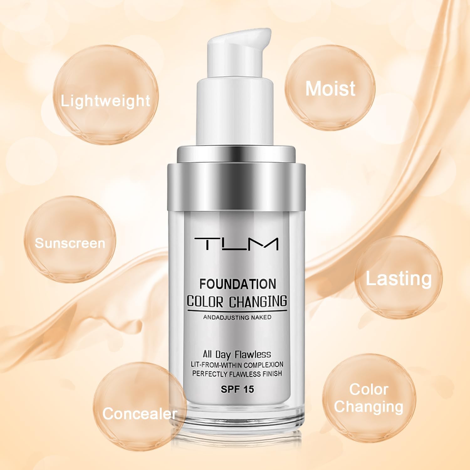 ReviGLam TLM Colour Changing Liquid Foundation Hides Wrinkles & Lines, BB Cream Makeup Base Concealer Cover Moisturizing Fluid for all Skin Tone SPF15, Pack of 1 - Glam Warehouse